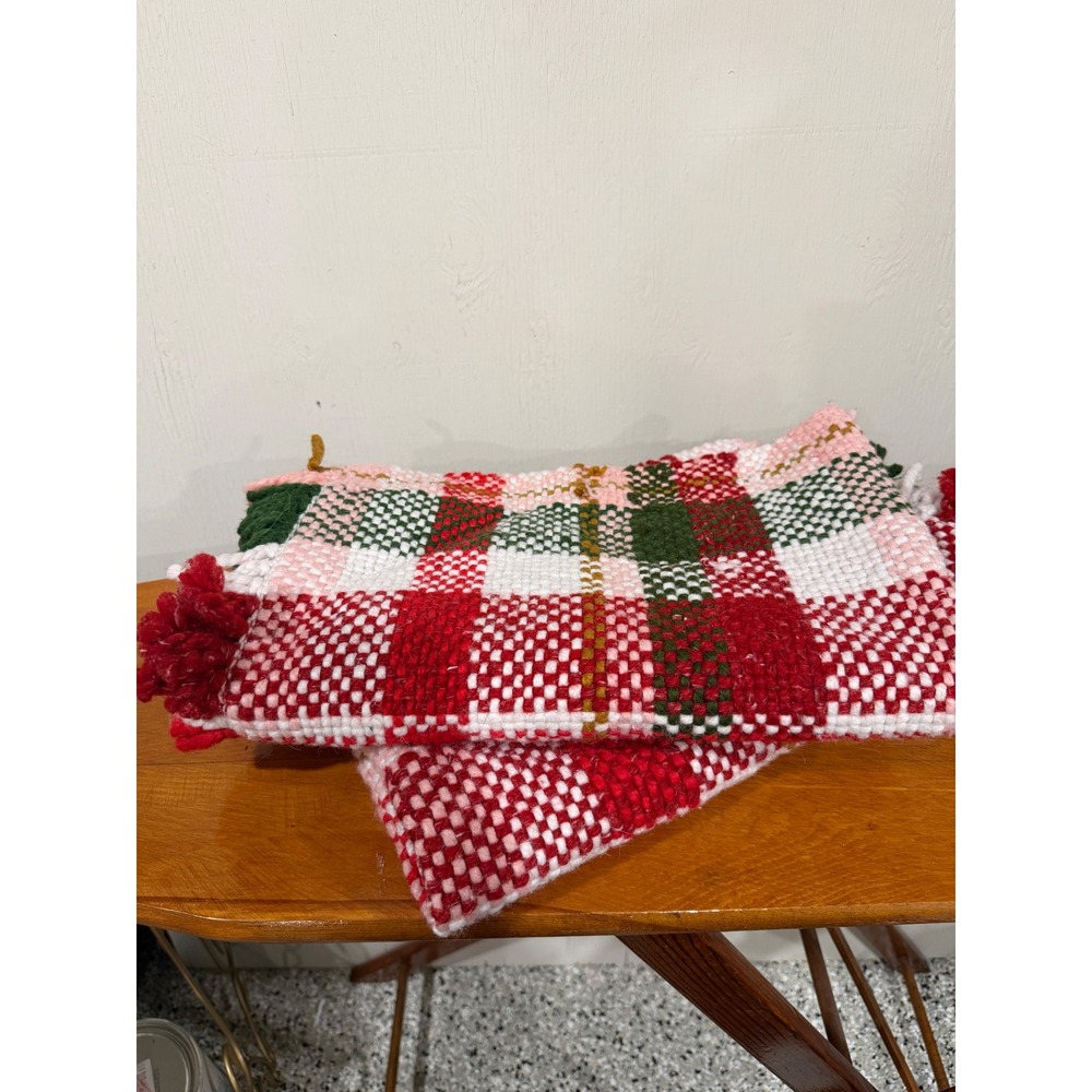 Threshold Plaid Kitchen Rug Set of Two 20x32 Red Green Pink Woven Fringed Rug